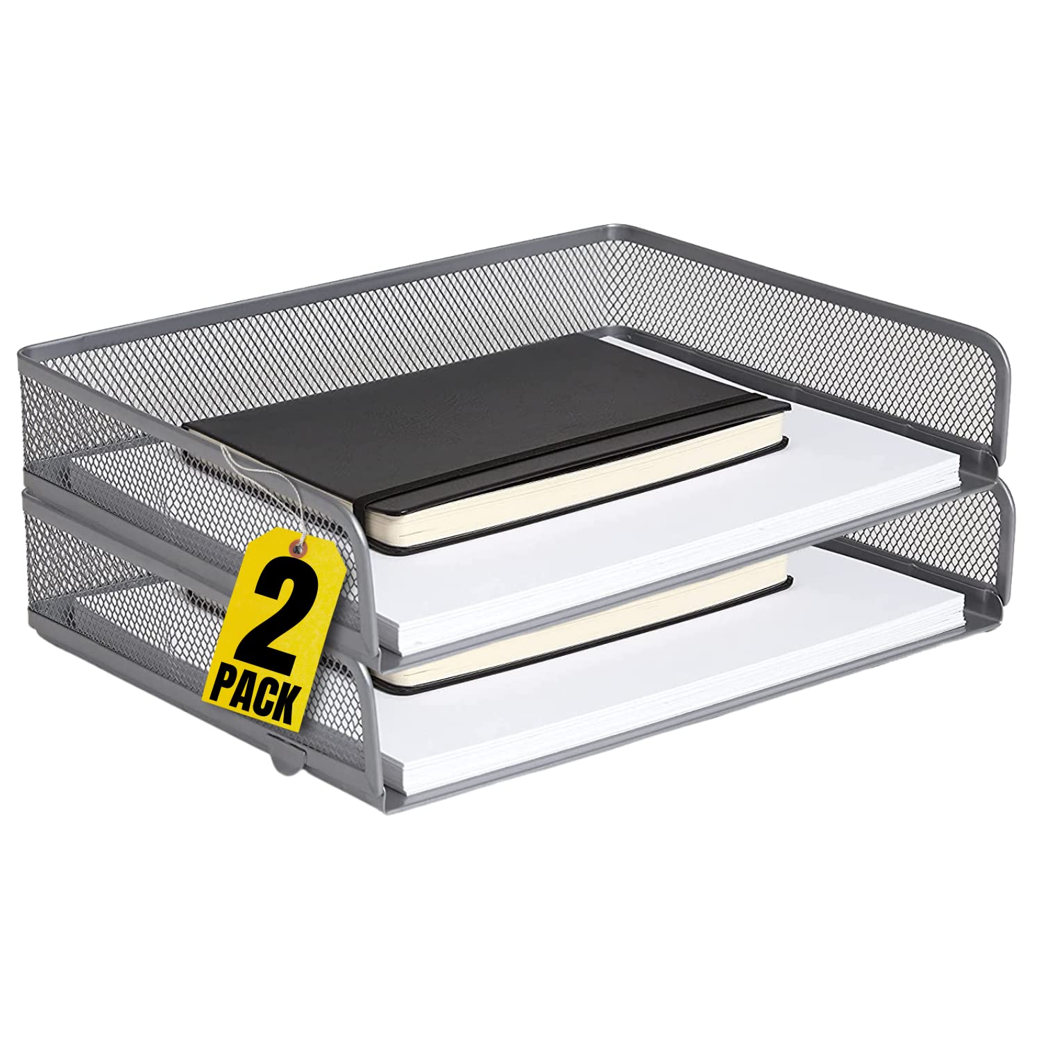 1Inthehome Stackable Side Load Letter Tray, Silver Wire Metal Mesh Paper Tray Organizer, '2 Trays'