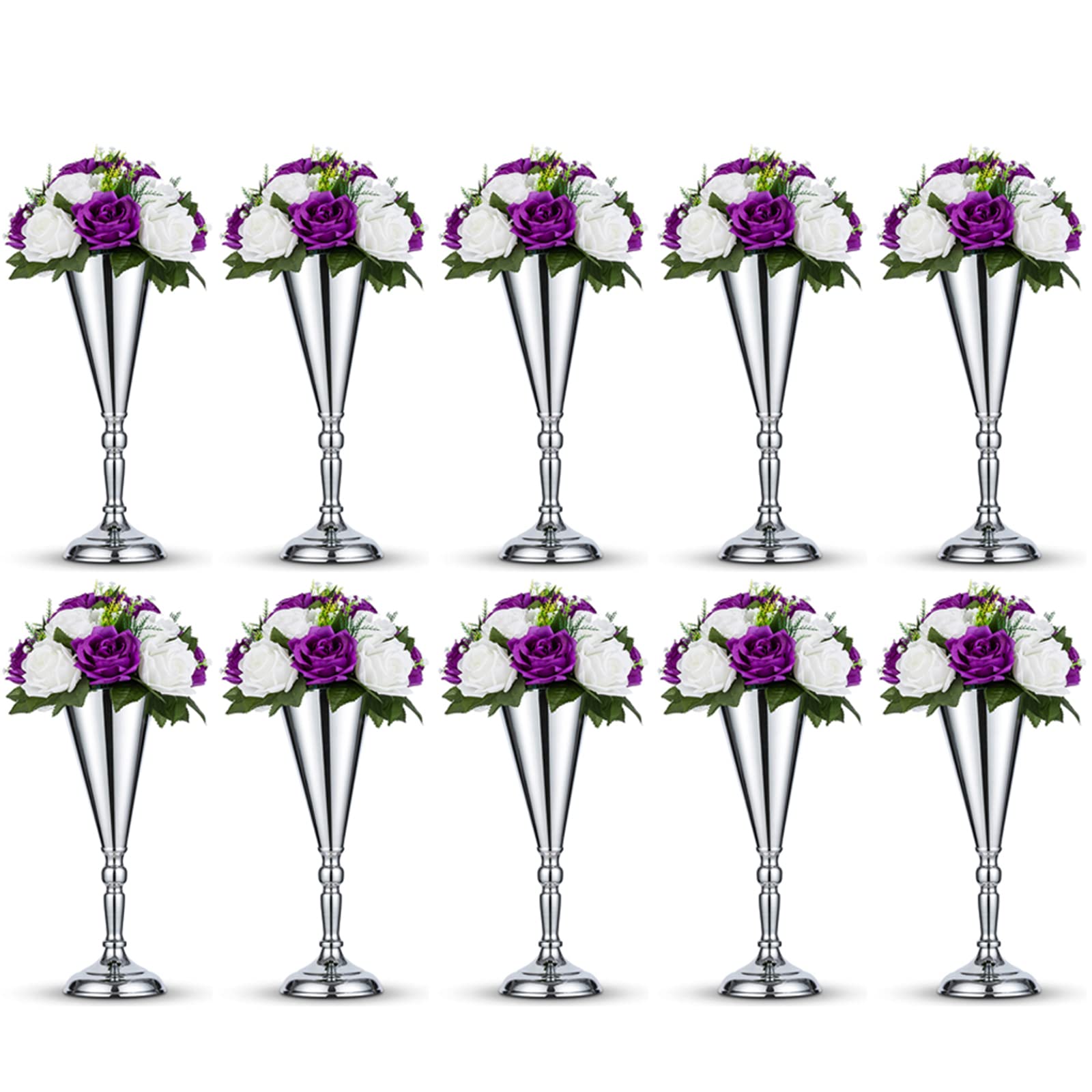 10 Pcs Tabletop Silver Metal Wedding Flower Trumpet Vase, 14 inch Table Decorative Centerpiece Artificial Flower Arrangements fo