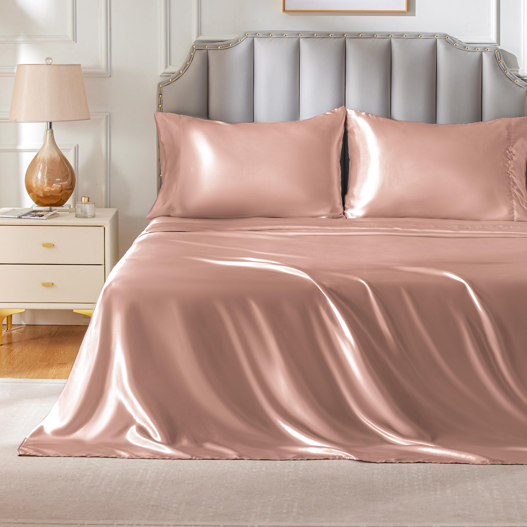 Freshculture Satin Sheets Twin Xl Size, Silky Soft Satin Bed Sheets, 3 Psc Blush Satin Sheets With Deep Pocket, Similar To Silk