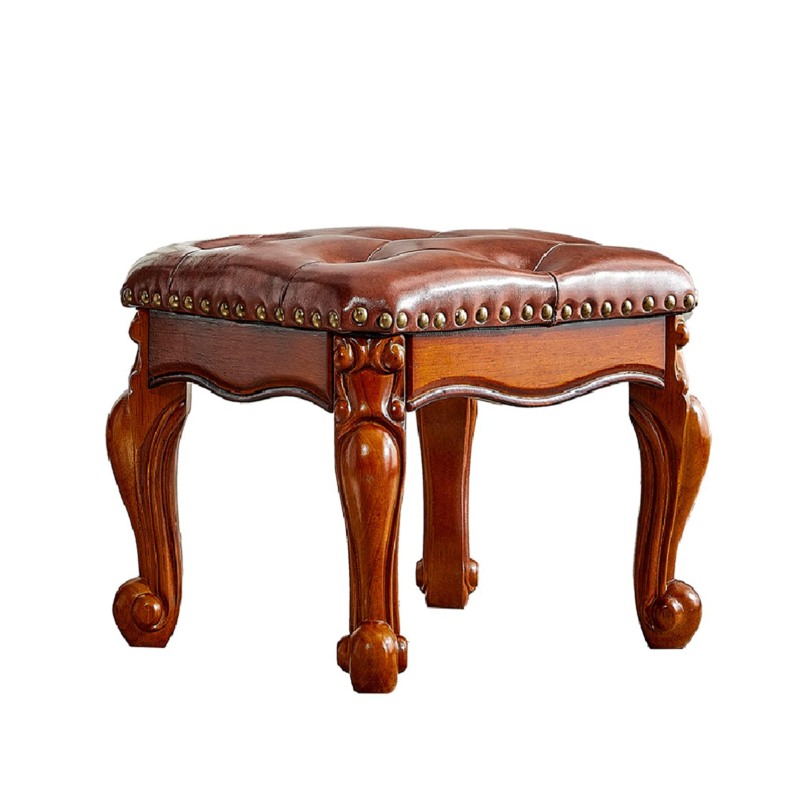 LEILISI Small Footstool Brown Leather Ottoman, Vintage Carved Upholstered Footrest, Rubber Wooden Foot Rest Stool Sofa Stool (Re