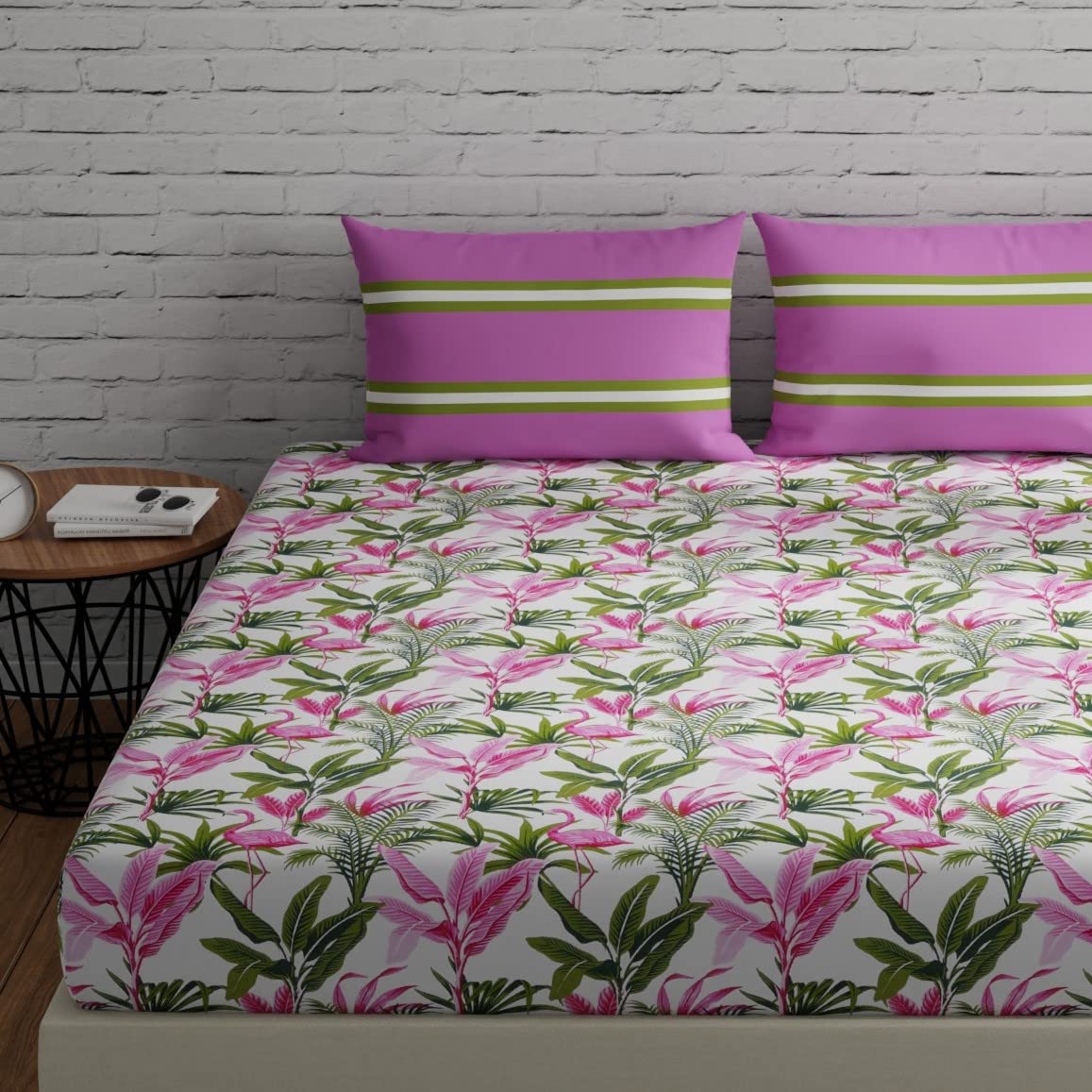 Huesland By Ahmedabad Cotton 144 Tc Double Bedsheet Cotton King Size With 2 Pillow Covers | 9Ft X 9Ft | Flamingos & Stripes Pink