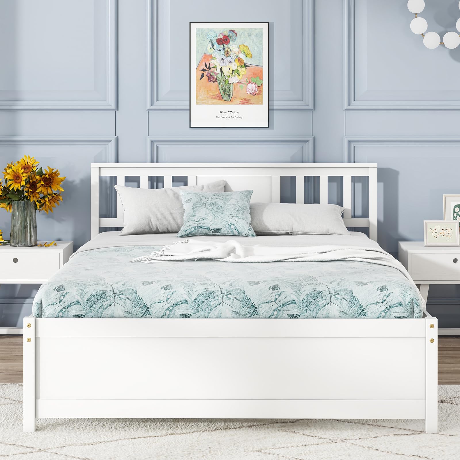Giantex Full Size Solid Wood Platform Bed Frame, Mid Century Full Bed Frame with Headboard, Wood Slat Support, Double Panel Bed,