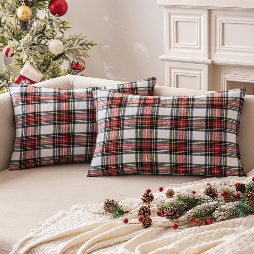 Miulee Christmas Set Of 2 Scottish Tartan Plaid Throw Pillow Covers Farmhouse Classic Decorative Cushion Cases For Home Decor Sofa Couch 12X20 Inch, Red And White