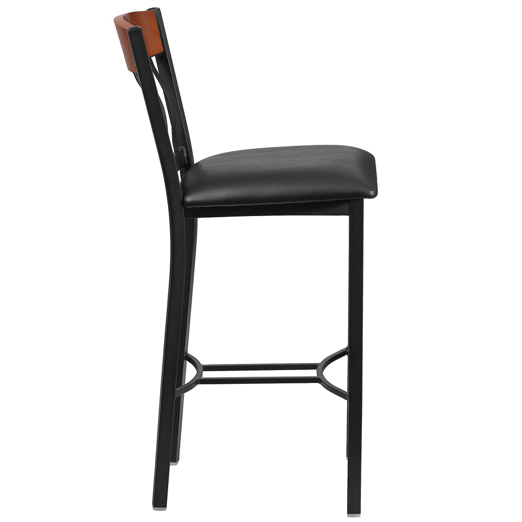 Flash Furniture Eclipse Series Vertical Back Black Metal And Cherry Wood Restaurant Barstool With Black Vinyl Seat