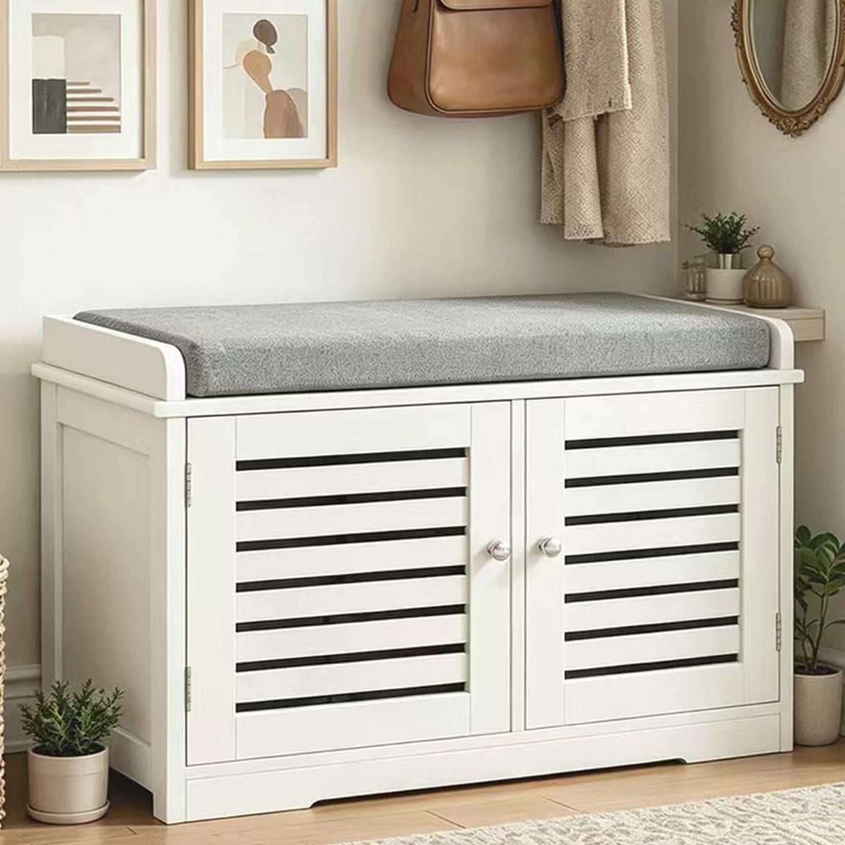 RASOO Shoe Storage Benches White Shoe Rack Bench with 2 Doors & Padded Seat Cushion in Grey Shoe Cabinet Shoe Entryway Bench wit