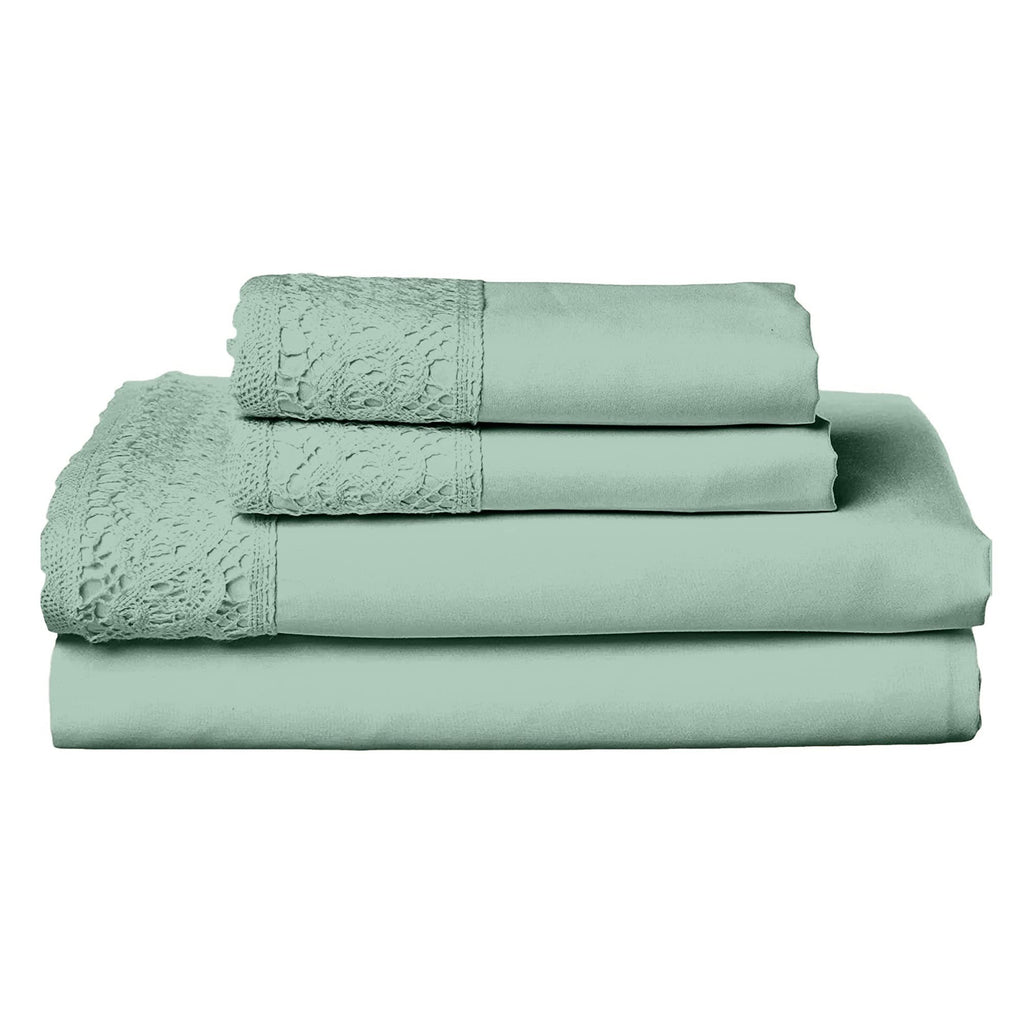 Modern Threads Seafoam Microfiber Bed Linen Set - 4Pcs Luxurious Crochet Lace Sheets & Pillowcases, King, Deep Pocket, Stain Res