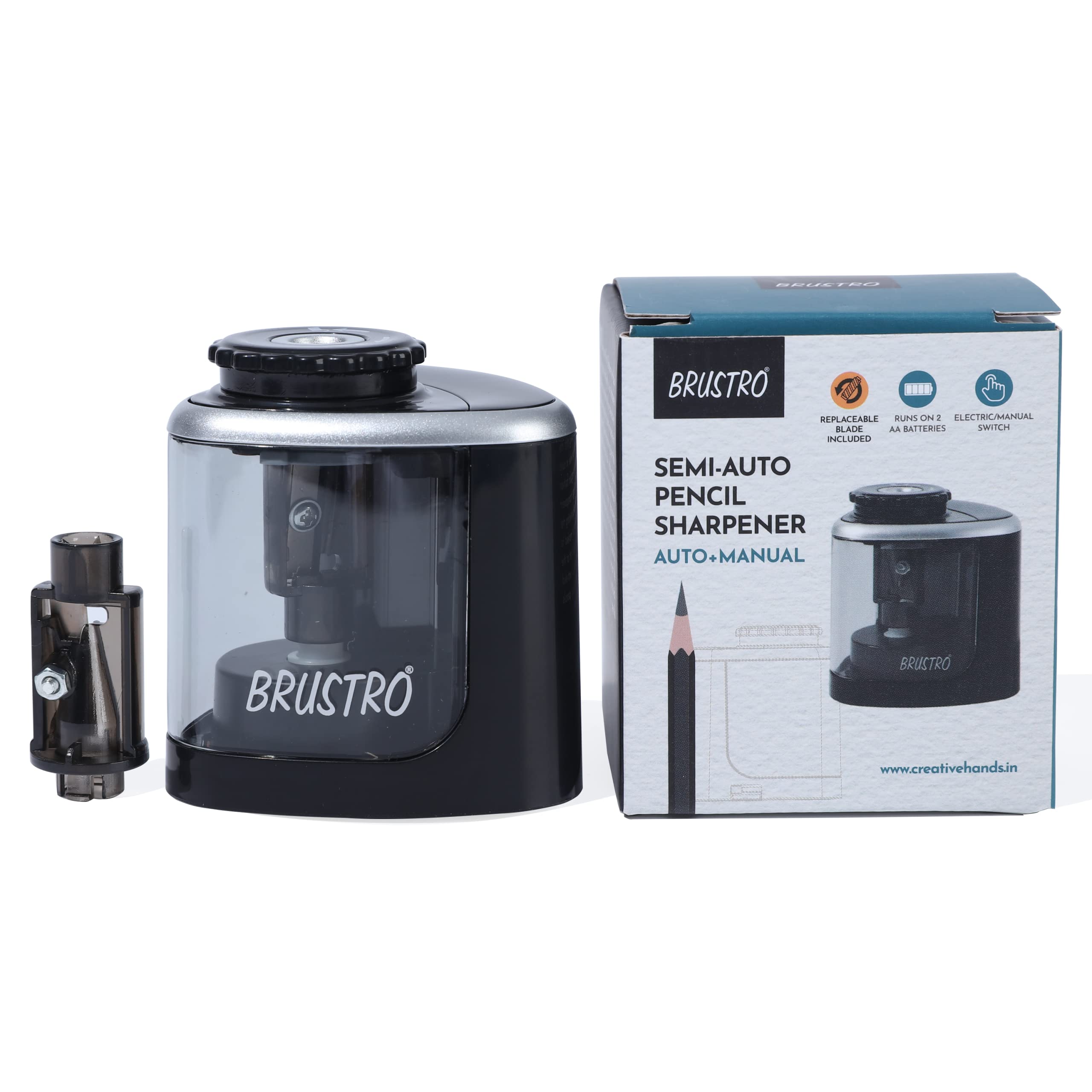 Brustro Semi-Auto Pencil Sharpener | Battery Operated + Manual |Electric Sharpener, Fast Sharping, Automatic, Ideal for Kids and