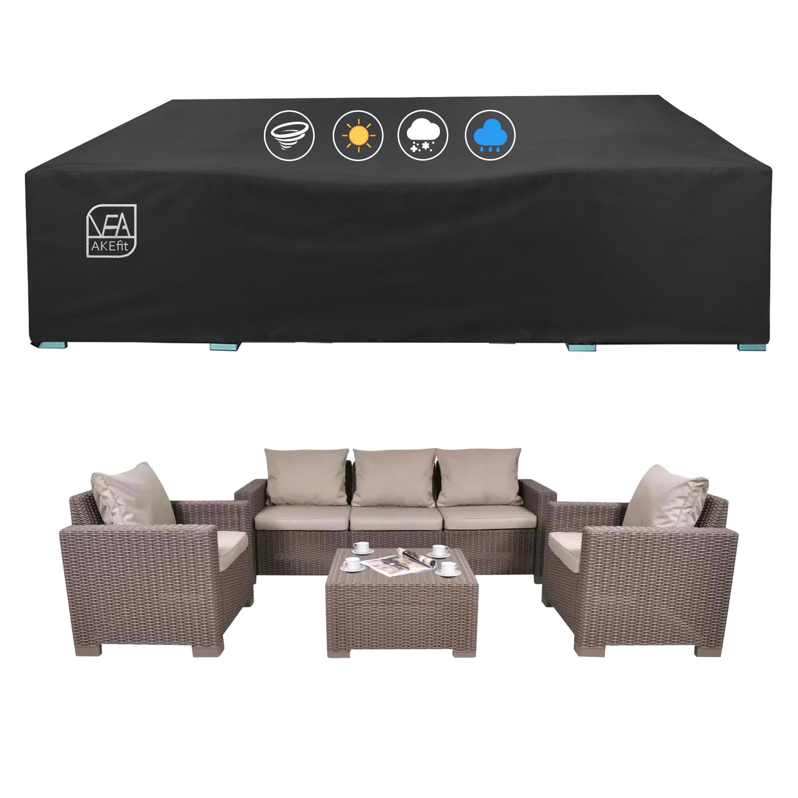 Akefit Patio Furniture Set Cover 500D Outdoor Sectional Covers,Outdoor Table Sofa Set Covers Waterproof Resistant Large Outdoor Furniture Set Covers,98' L X 78' W X 28' H,Black