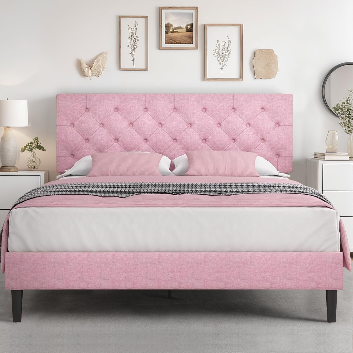 HOMBCK Queen Size Bed Frame with Headboard, Pink Upholstered Bed Frame Queen, Wood Slats Support, Linen Fabric, Button Tufted De