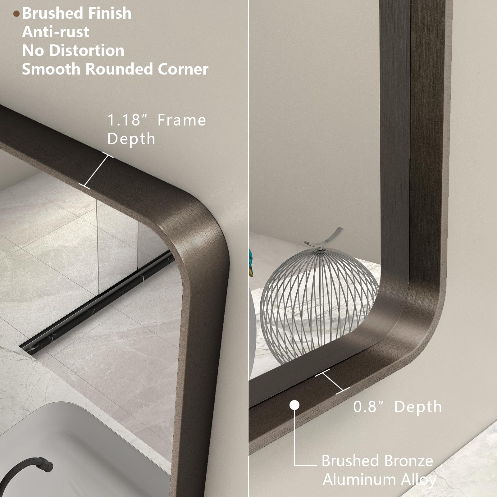 Charmor 48X40 Bronze Bathroom Mirror, Brushed Bronze Metal Frame Mirrors For Wall, Rounded Rectangle Bronze Mirror For Vanity,Fa
