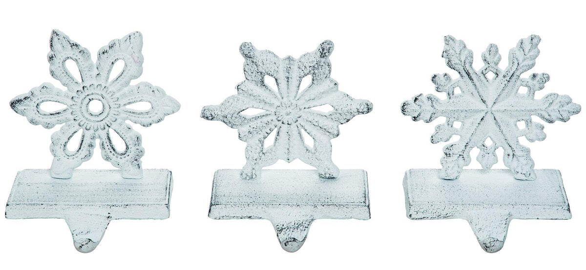 Snowflake Rustic White 6 x 5 Iron Metal Christmas Stocking Hangers Set of 3