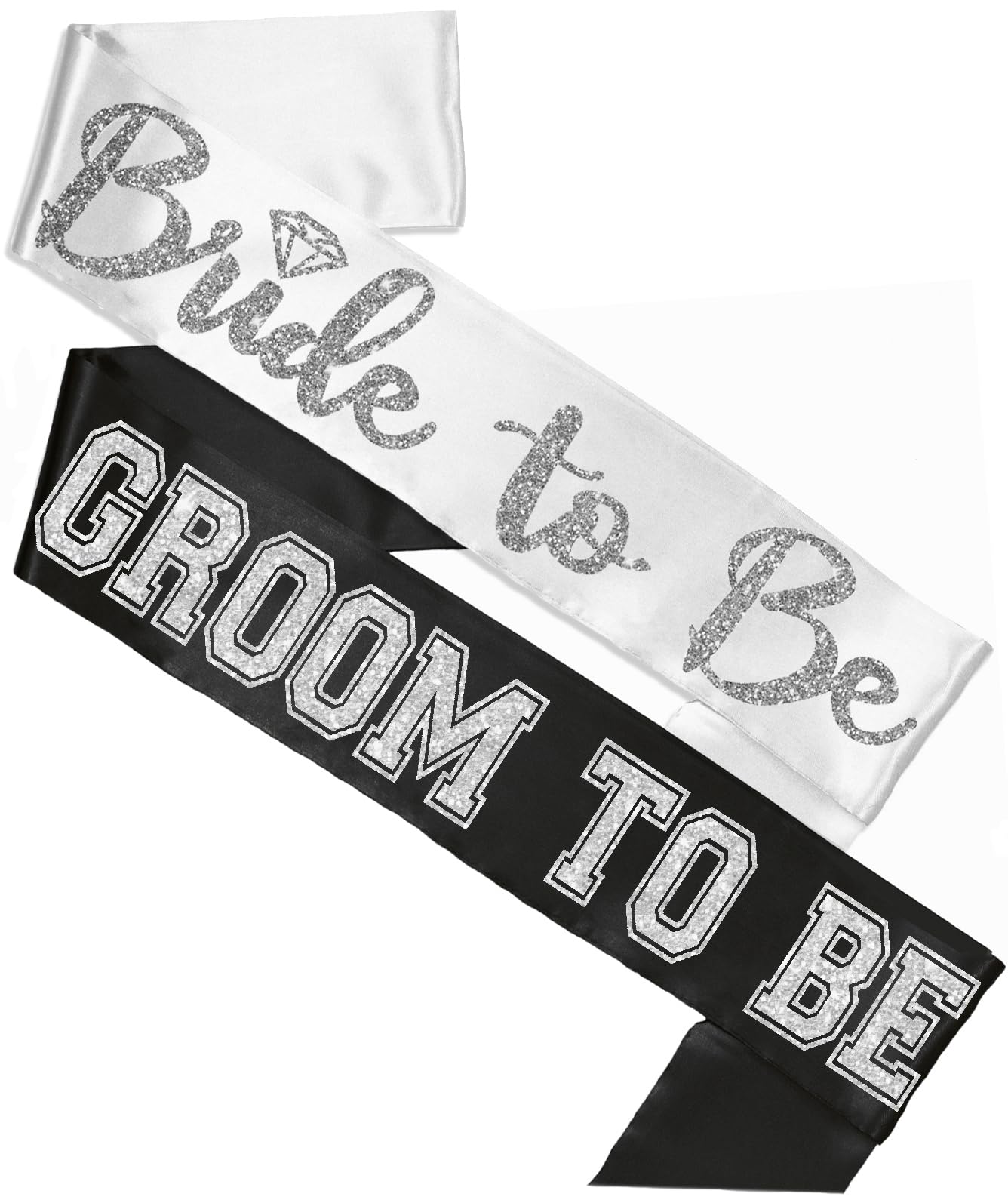 Engagement Gifts For The Bride And Groom - Set Of 2: Silver Diamond Bride To Be White Satin Sash & Silver Groom To Be Black Sati