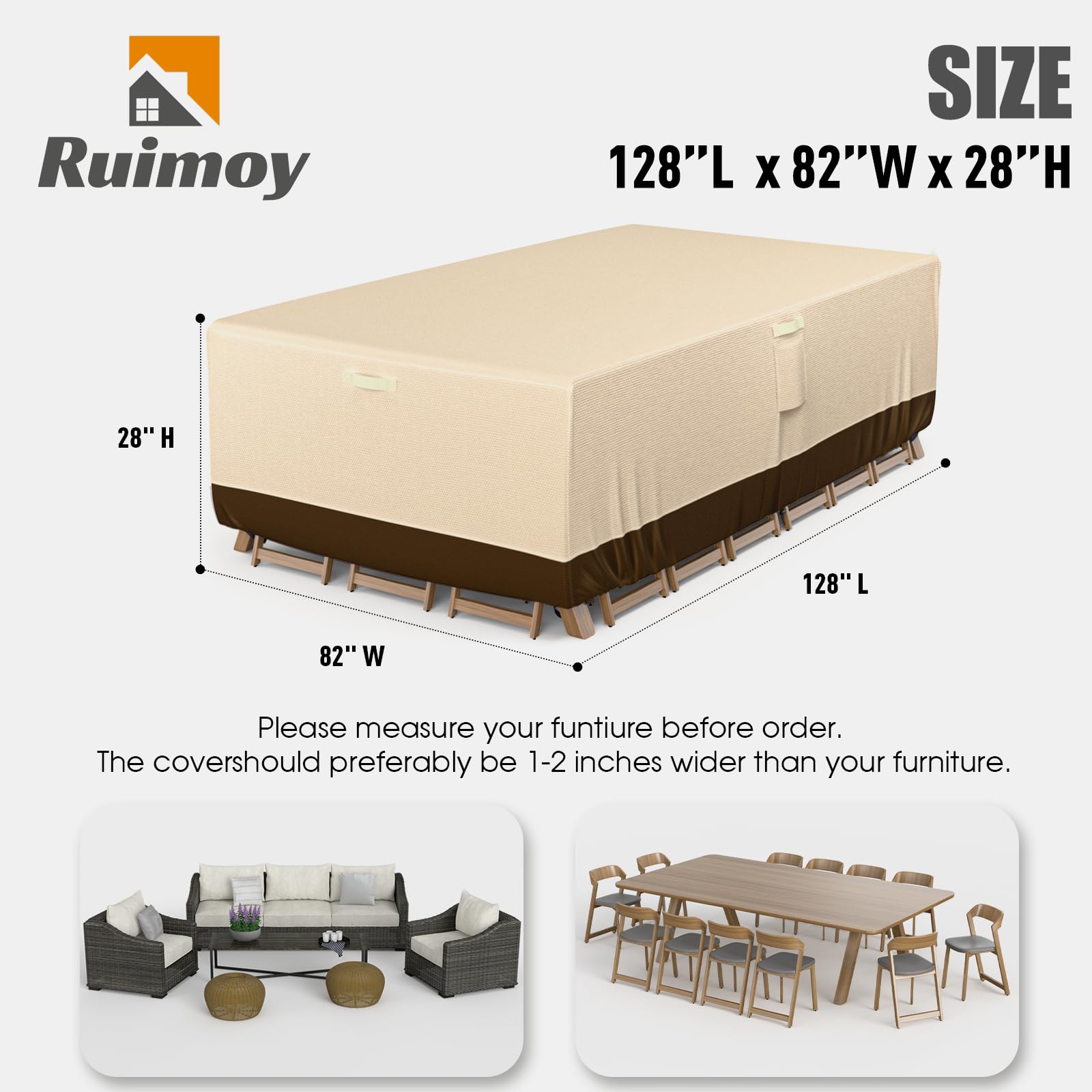 Patio Furniture Covers, Outdoor Furniture Cover Waterproof, General Purpose, Outside Table And Chair Covers, Heavy Duty 600D (128 Inch L X 82 Inch W X 28 Inch H)-Brown