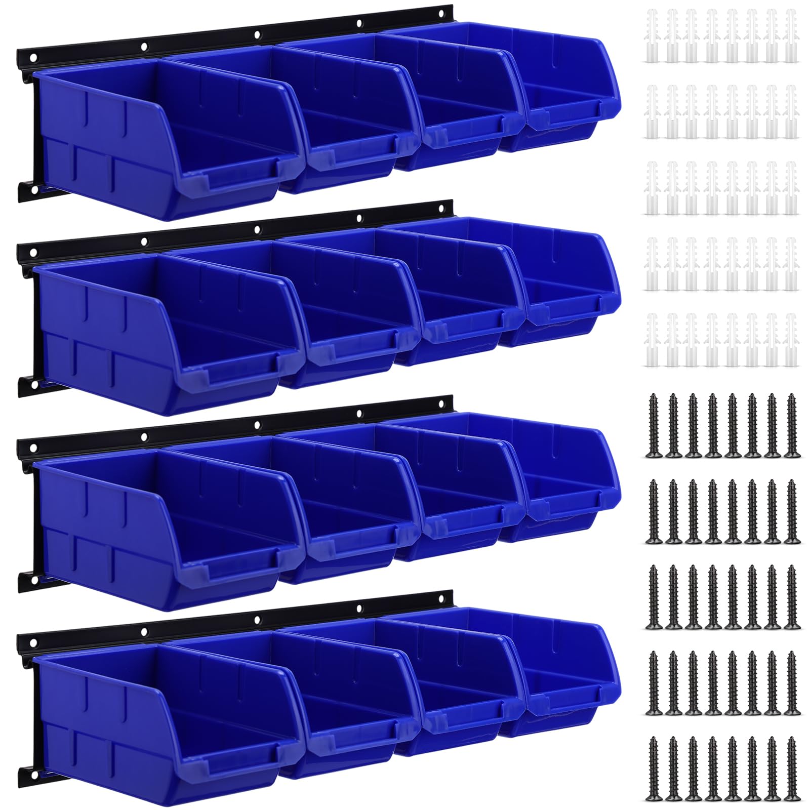Maitys 16 Pcs Wall Mounted Storage Bins Plastic Hanging Stackable Storage Bins Parts with 4 Pcs Horizontal Shelf Trays Screw Org