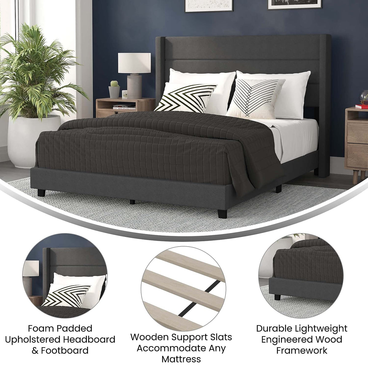 Flash Furniture Hollis Upholstered Platform Bed - Charcoal Faux Linen Wingback Headboard - Full - Mattress Foundation with Slatted Supports - No Box Spring Needed