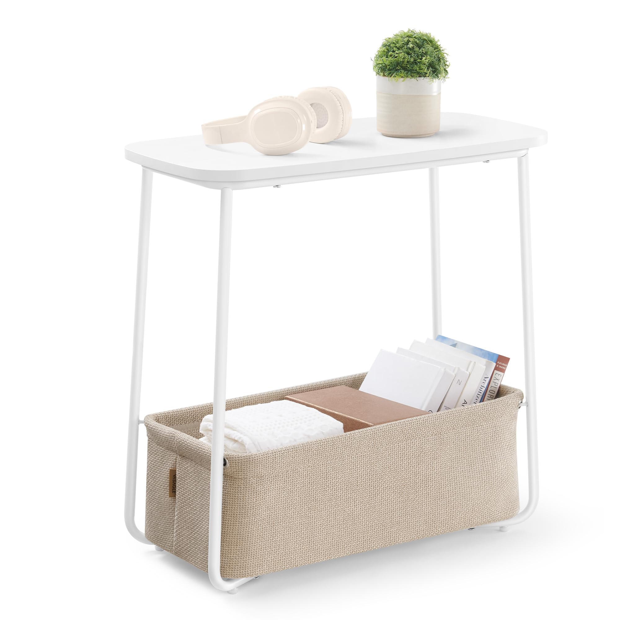 VASAGLE End Table, Side Table with Fabric Basket, Modern Nightstand, Rectangular Bedside Table, for Living Room, Bedroom, Matte 