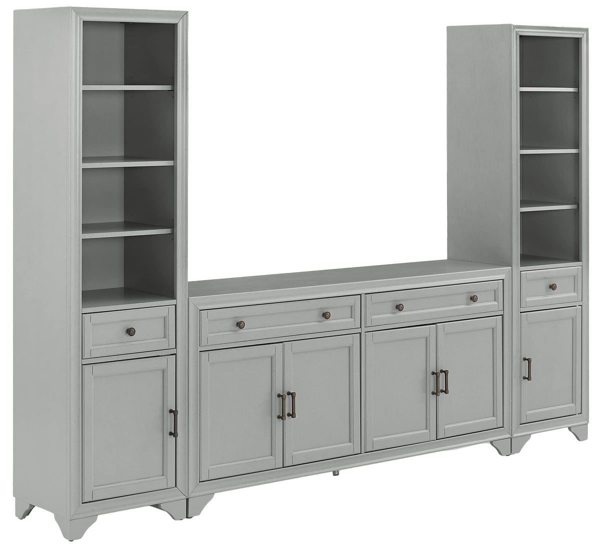 Crosley Furniture Tara 3-Piece Entertainment Center with TV Stand, Bookshelves, and Storage Shelves, Distressed Gray