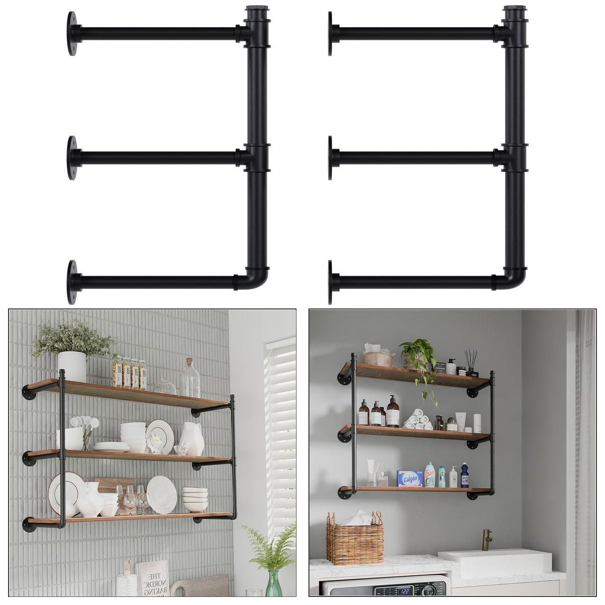 YCCO Industrial Wall Mount Pipe Shelf Brackets, Black Iron Pipe Shelving