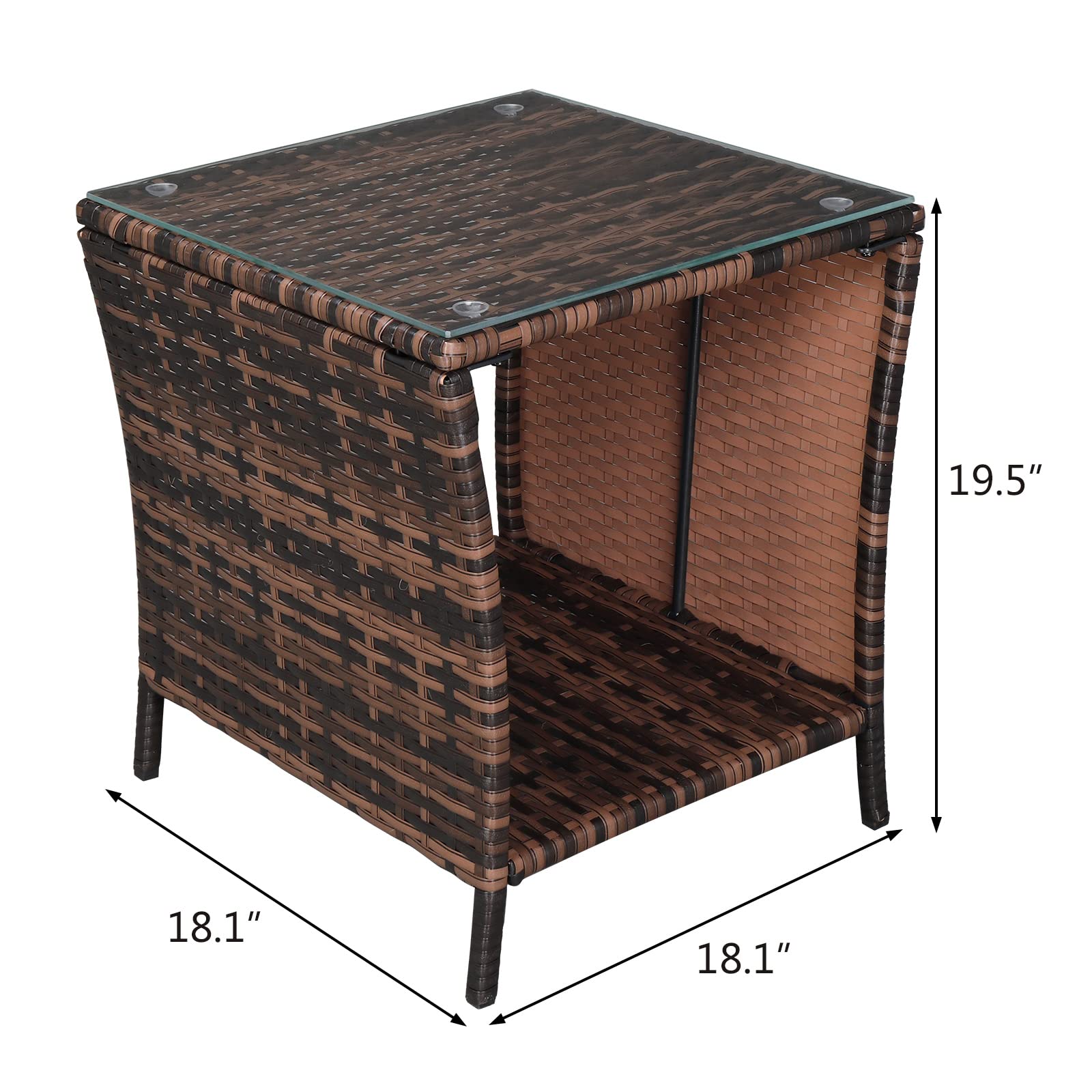Vingli Outdoor Wicker Side Table Patio Side Tables For Outside, Tempered Glass Top Wicker Table With Storage End Table For Balcony Porch Deck (Brown)