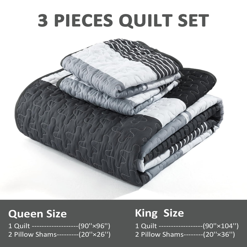 Dinjoy Black And White Boho Quilt Set Queen,Grey Striped Bedspread Queen Size Lightweight Fall Quilts 3 Pieces Patchwork Bedding