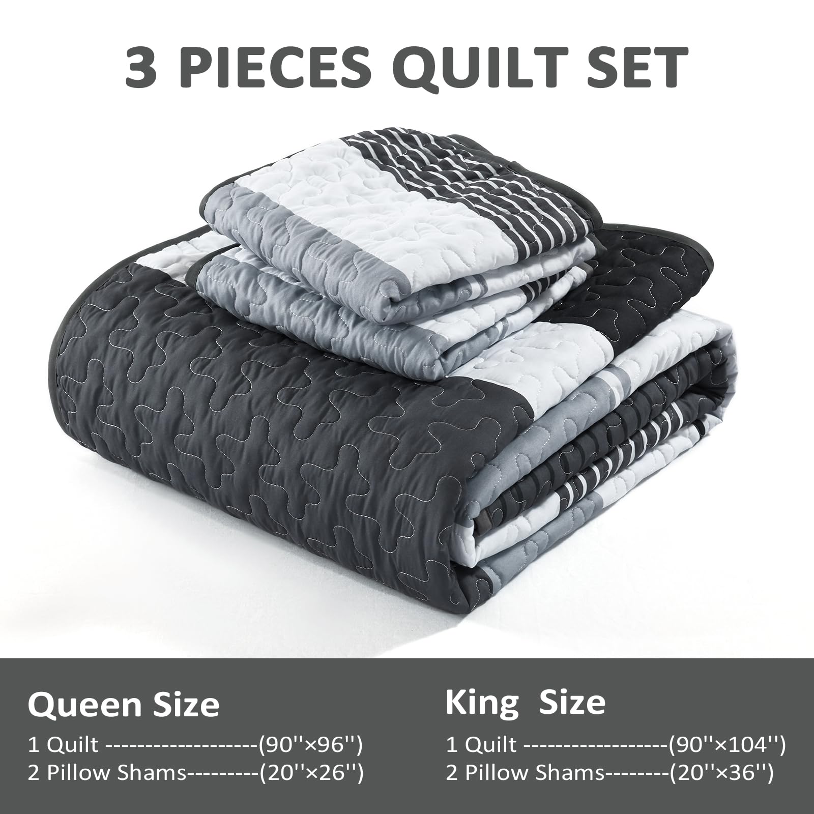 Dinjoy Black And White Boho Quilt Set Queen,Grey Striped Bedspread Queen Size Lightweight Fall Quilts 3 Pieces Patchwork Bedding
