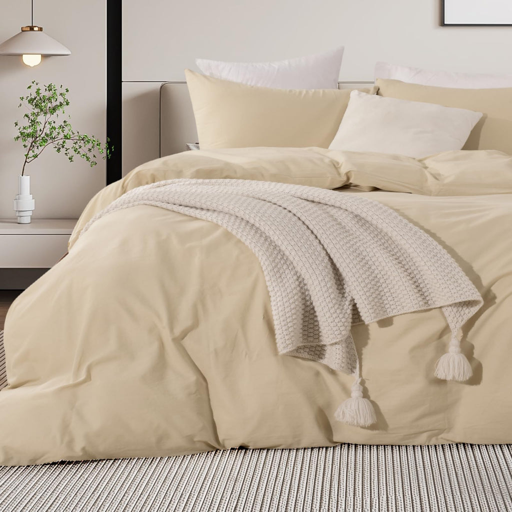 Nexhome Pro 100% Washed Cotton Duvet Cover Super King 108'X98' Linen Look Textured Organic Natural 3 Pieces Bedding Set With Zipper Closure, Breathable, Soft, Beige (No Comforter)