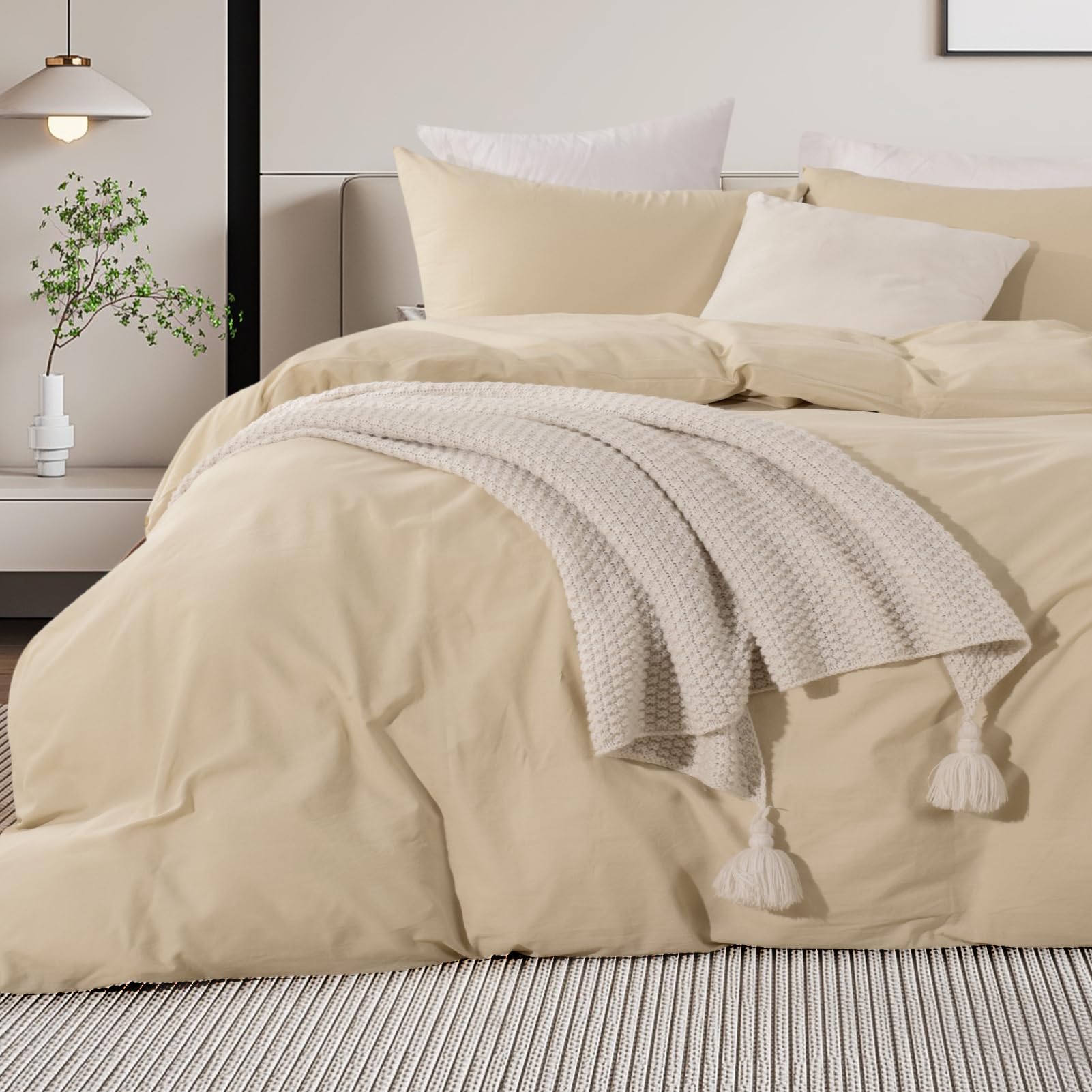 Nexhome Pro 100% Washed Cotton Duvet Cover Super King 108'X98' Linen Look Textured Organic Natural 3 Pieces Bedding Set With Zipper Closure, Breathable, Soft, Beige (No Comforter)