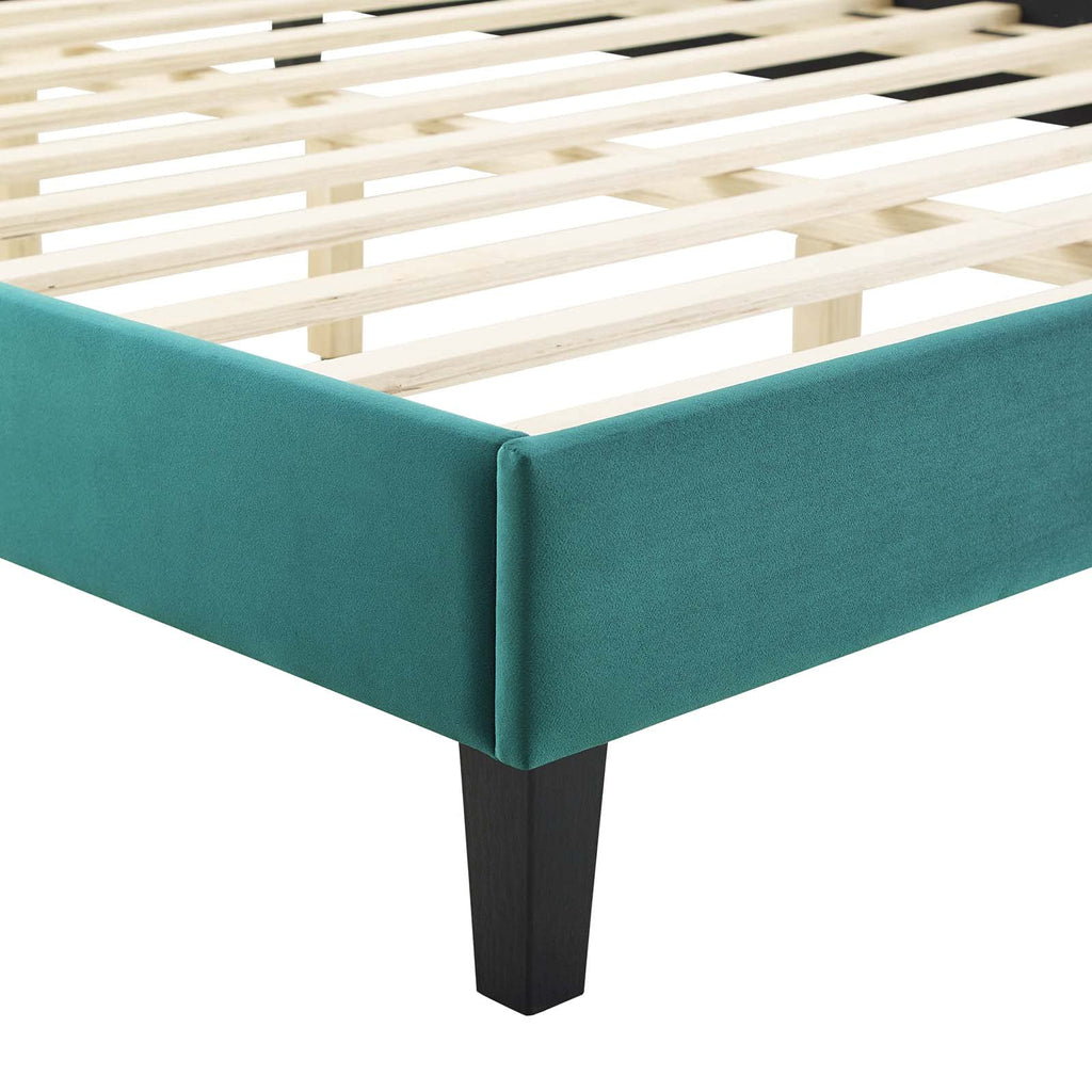 Modway Phillipa Performance Velvet King Platform Bed in Teal with Black Wood Legs