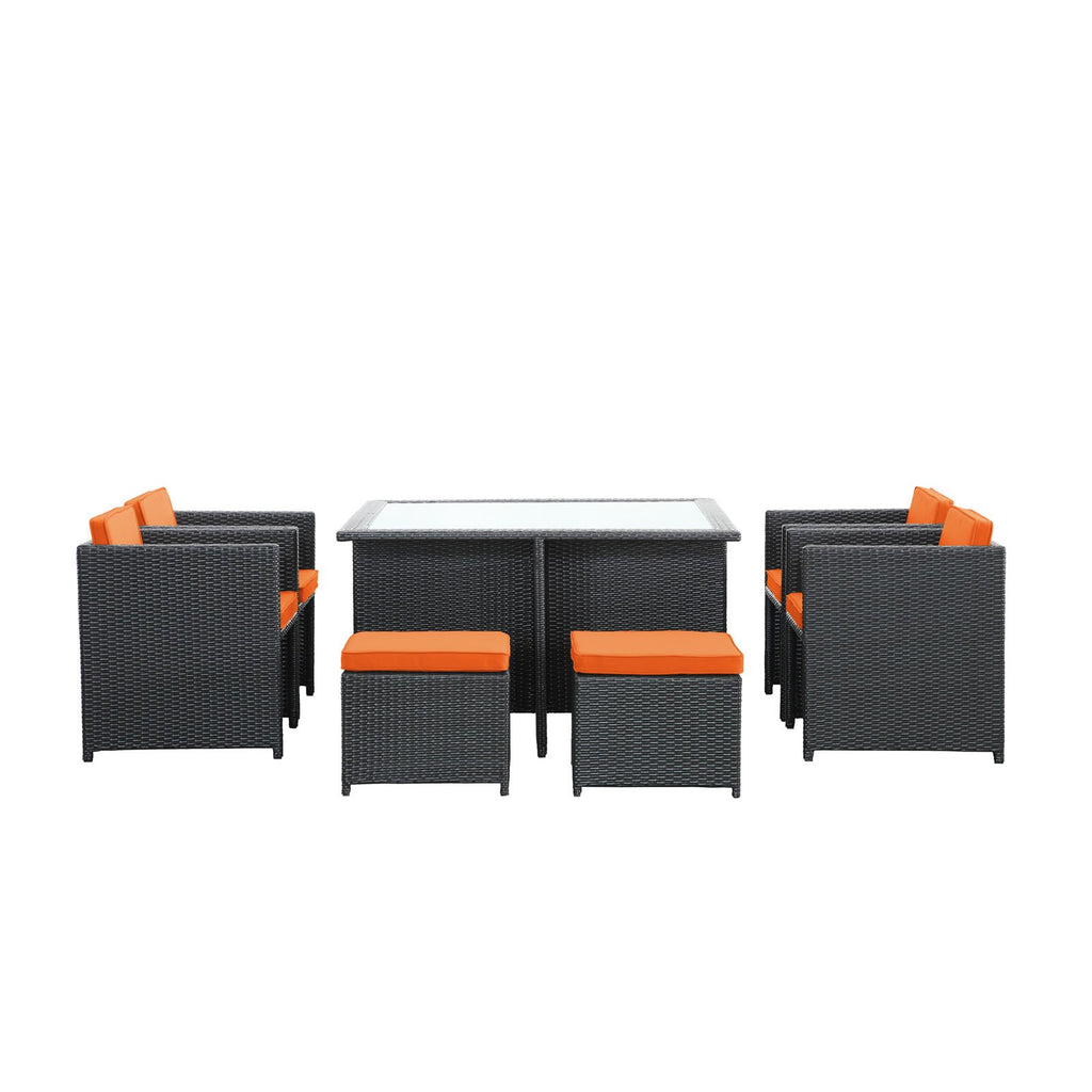 Modway Inverse Wicker Rattan 9-Piece Outdoor Patio Dining Furniture Set In Espresso Orange