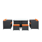 Modway Inverse Wicker Rattan 9-Piece Outdoor Patio Dining Furniture Set In Espresso Orange