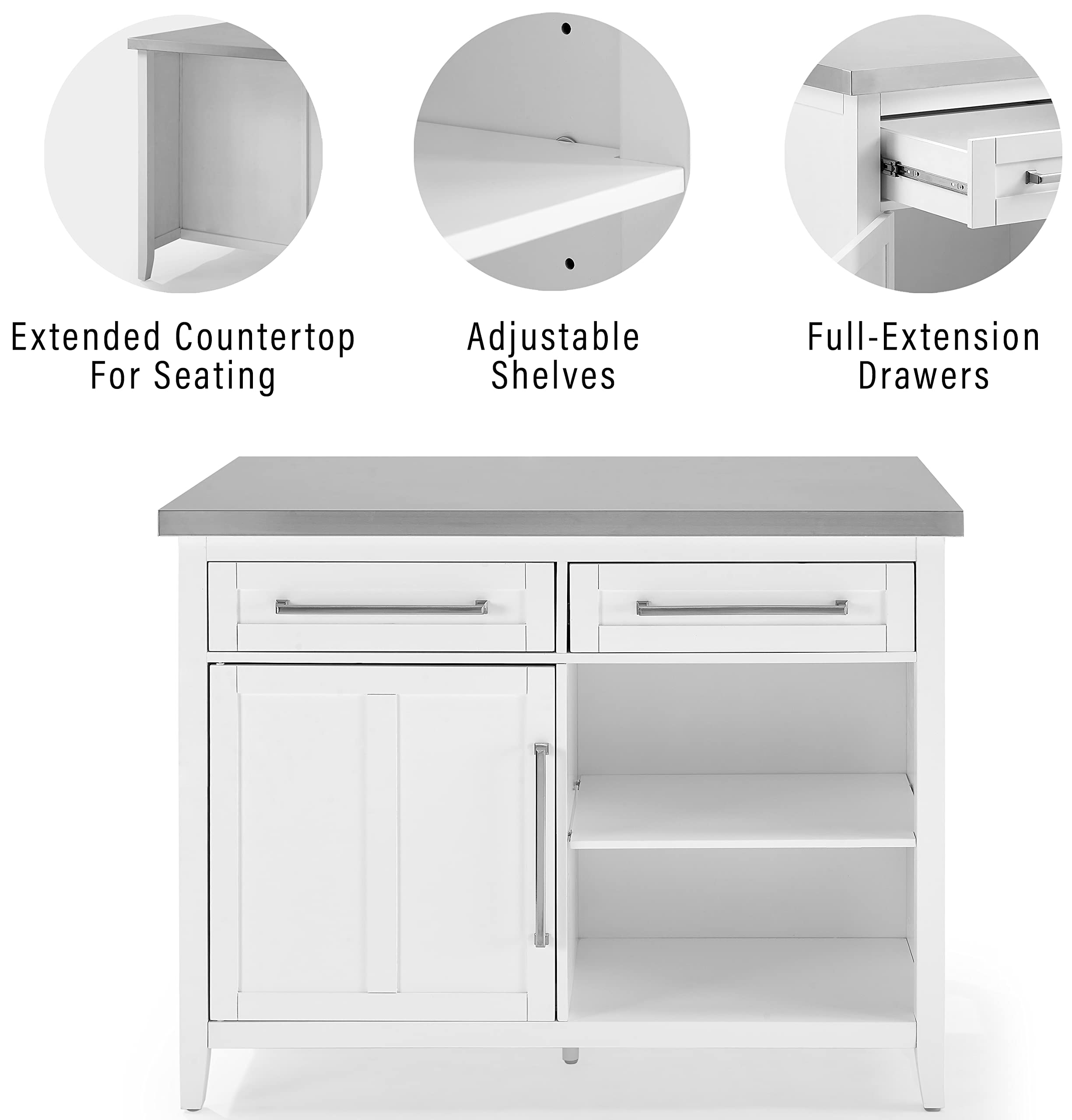 Crosley Furniture Silvia Stainless Steel Top Kitchen Island, Coffee Bar, with a Set of 2 X-Back Stools, White/Gray