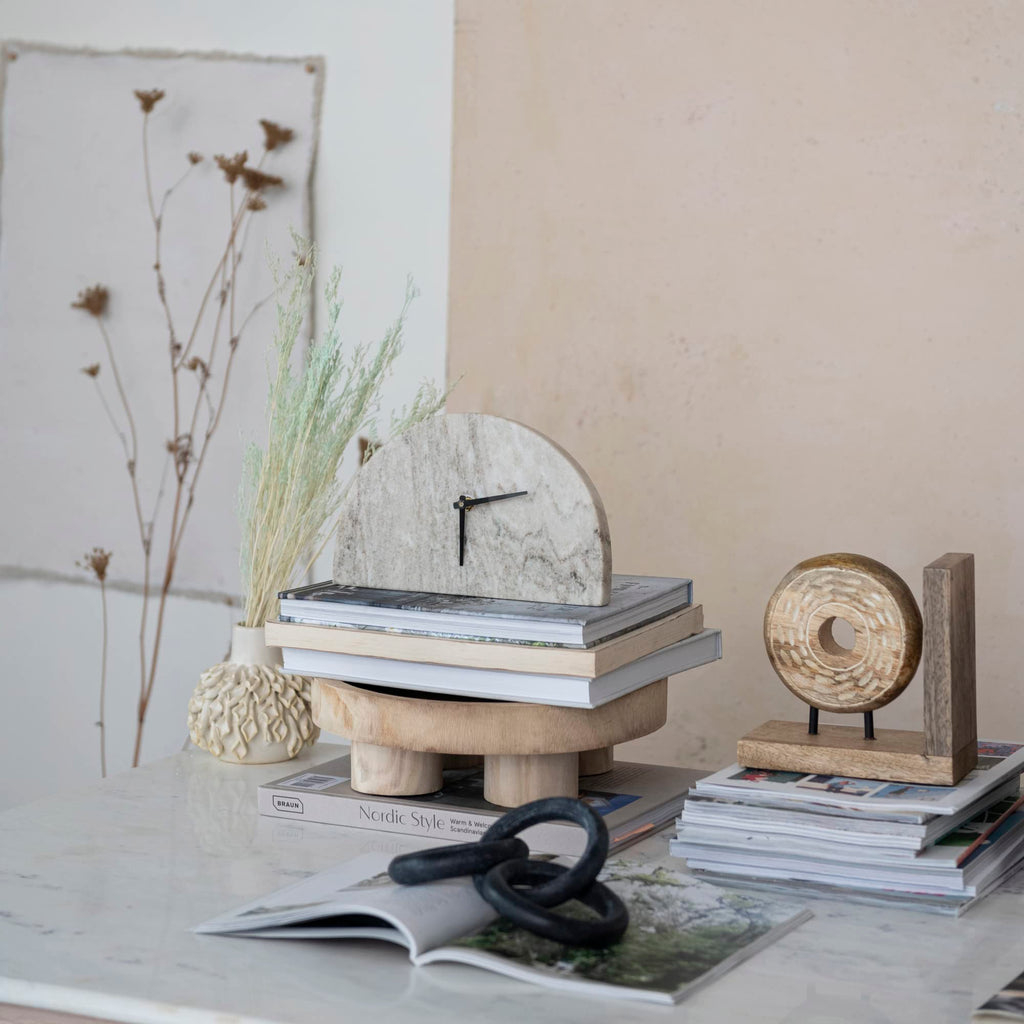Bloomingville Decorative Half Moon Marble Mantel Clock, Beige And Black