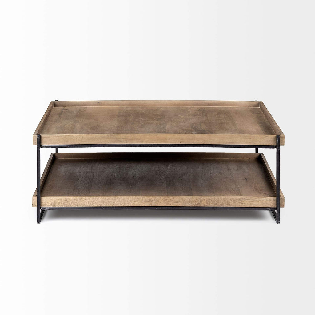 HomeRoots Rectangular Solid Wood Top Table and Black Metal Frame Two-Tier Coffee Table