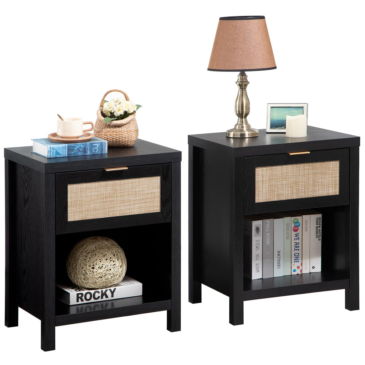 Sicotas Rattan Night Stands Set Of 2, Farmhouse Nightstand Bedside Table With Drawer And Storage Shelf, Boho End Side Table For Bedroom, Small Space, Black Oak