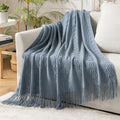 Miulee Dusty Blue Knitted Throw Blanket For Couch Textured Knit Blanket With Tassels Cozy Woven Boho Bed Blanket For Sofa Bed Chair Acrylic Wave Pattern 50'X60'