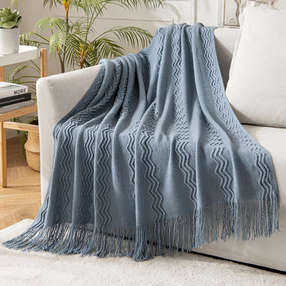 Miulee Dusty Blue Knitted Throw Blanket For Couch Textured Knit Blanket With Tassels Cozy Woven Boho Bed Blanket For Sofa Bed Chair Acrylic Wave Pattern 50'X60'