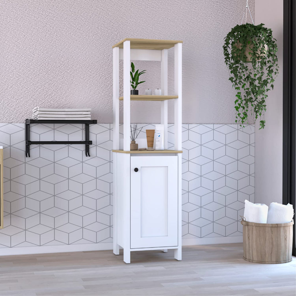 Linen Single Door Cabinet 59.3H, 2 Interior Shelves, 2 Open Shelves, Light Oak/White
