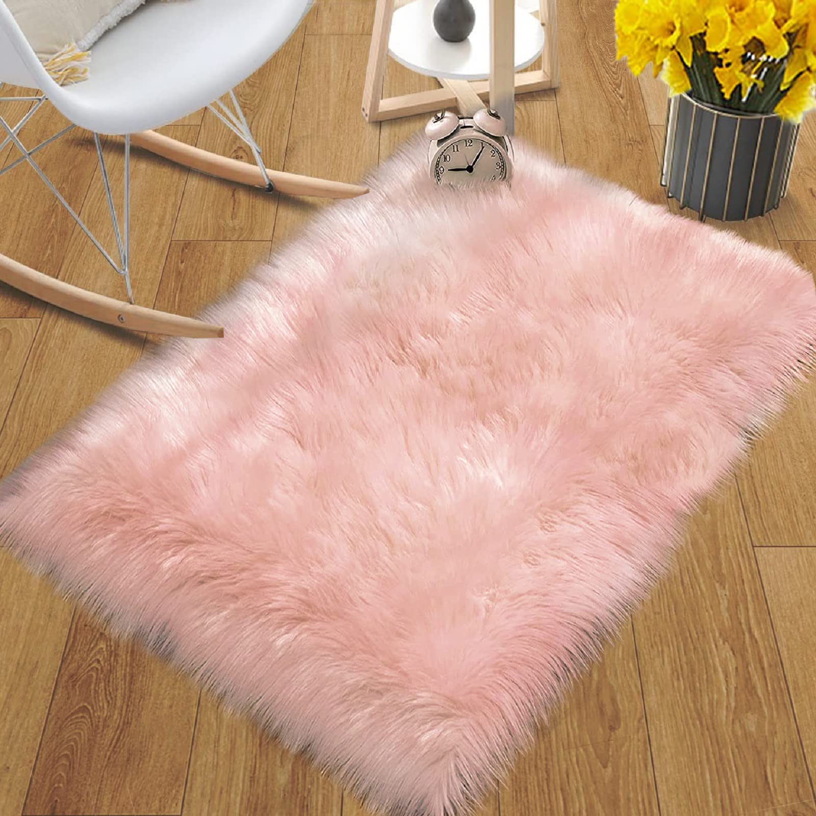 Orinova Small Pink Fluffy Sheepskin Fur Area Rugs For Bedroom Washable Furry Carpet Rug For Living Room Faux Fur Rug 2X3 Nursery