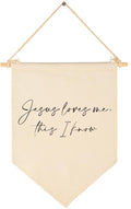 Jesus Loves Me This I Know-Scripture Pennant Flag Sign Gift for Baby Boys Girls Kids-Christian Bible Verses-Canvas Hanging Penna