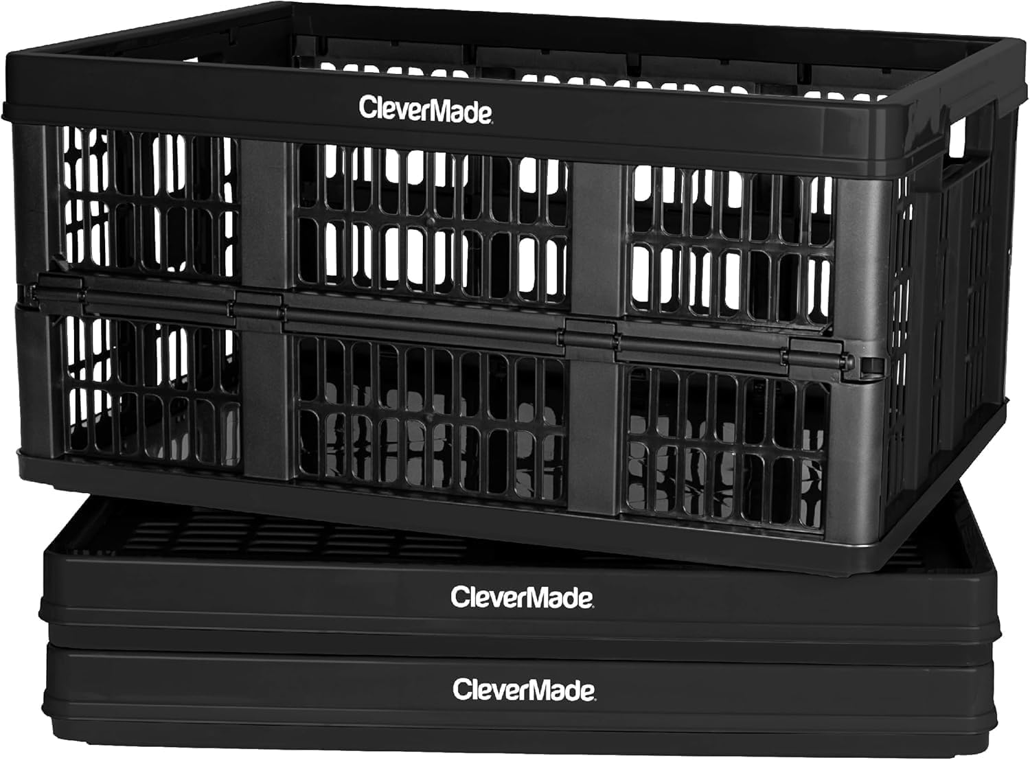 CleverMade Collapsible Utility Crate, Obsidian, 3PK - 45L (11 Gal) Collapsible Storage Bins, Holds 66lbs Per Bin - Plastic Stack