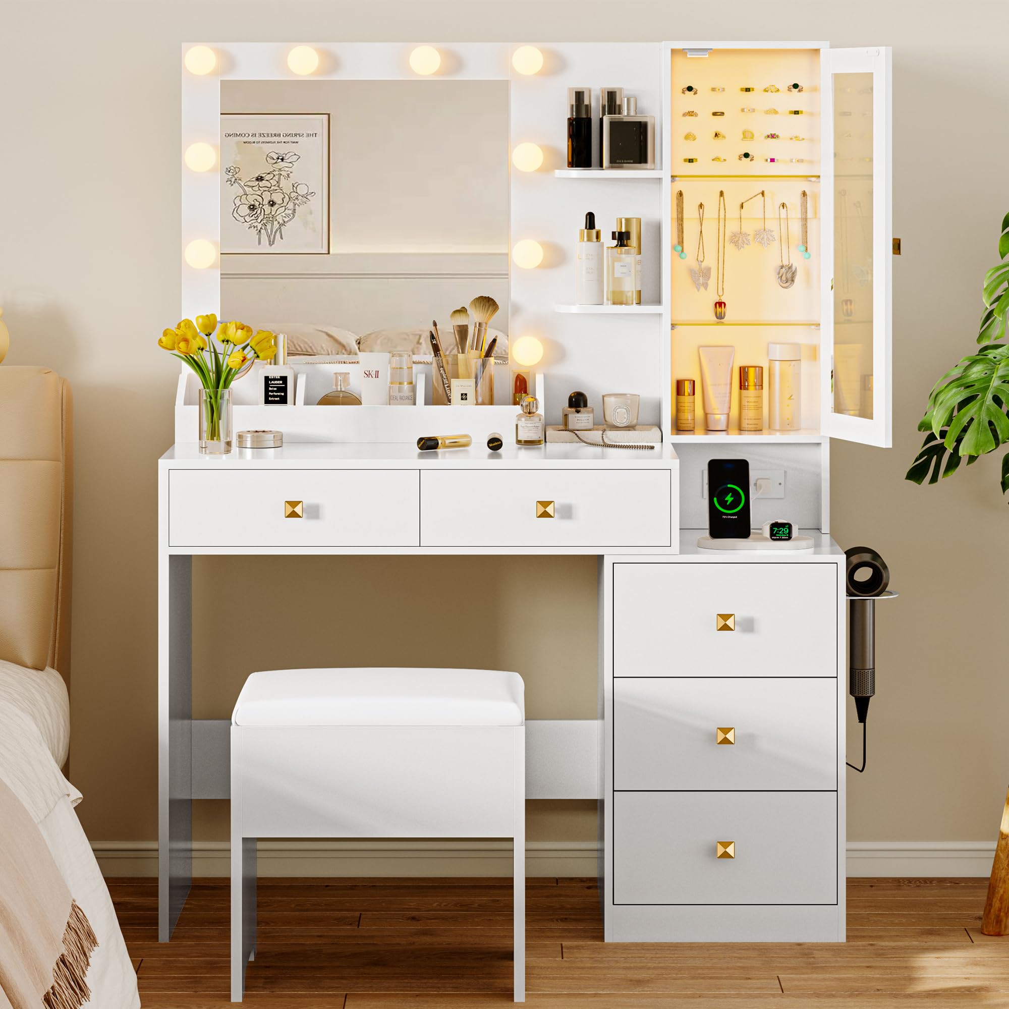 Vanity Desk with Mirror and Lights, Makeup Vanity Table Set with 5 Storage Drawers, Power Outlet & Chair, Small Dressing Table w