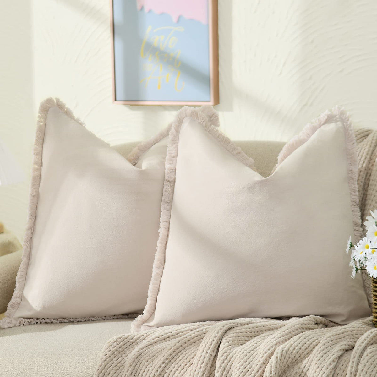 Zwjd Pillow Covers 24X24 Set Of 2 Beige Throw Pillow Covers With Fringe Chic Cotton Decorative Pillows Square Cushion Covers For