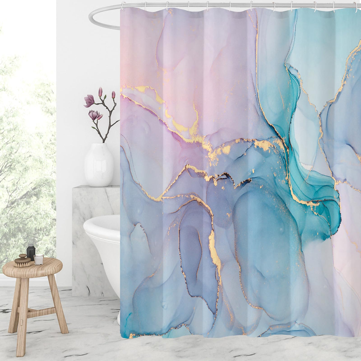 Gibelle Abstract Marble Shower Curtain, Watercolor Pink Turquoise Shower Curtain for Bathroom, Modern Ink Art Decor Waterproof F