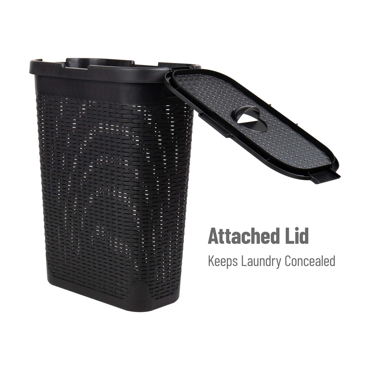 Mind Reader 40L Slim Laundry Hamper, Clothes Basket, Lid, Wicker Design, Plastic, 18''L X 10.4''W X 23.5''H, Set Of 2, Black