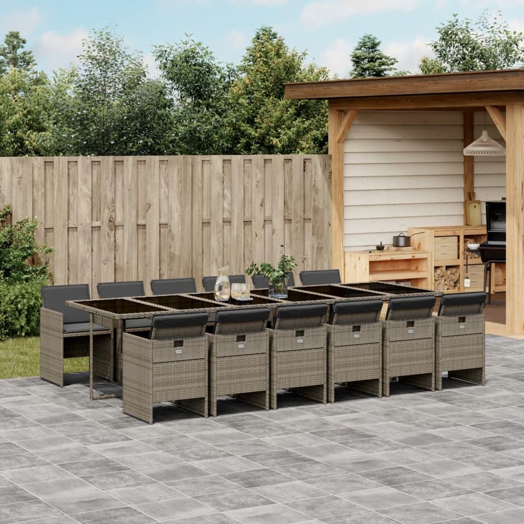 vidaXL Patio Dining Set - 13 Piece Gray Poly Rattan Furniture with Cushions - Outdoor Garden & Backyard - Folding Chairs - Space-Saving Storage - Tempered Glass Tabletop - Navy Blue Cushions