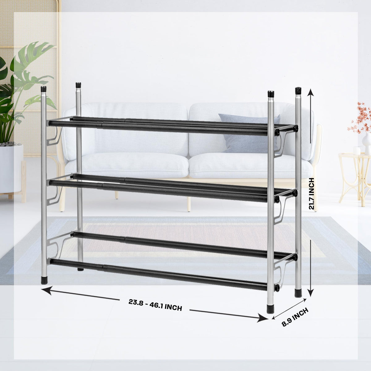 3-Tier Adjustable Shoe Storage Rack, Slide-N-Adjust, Chrome Silver