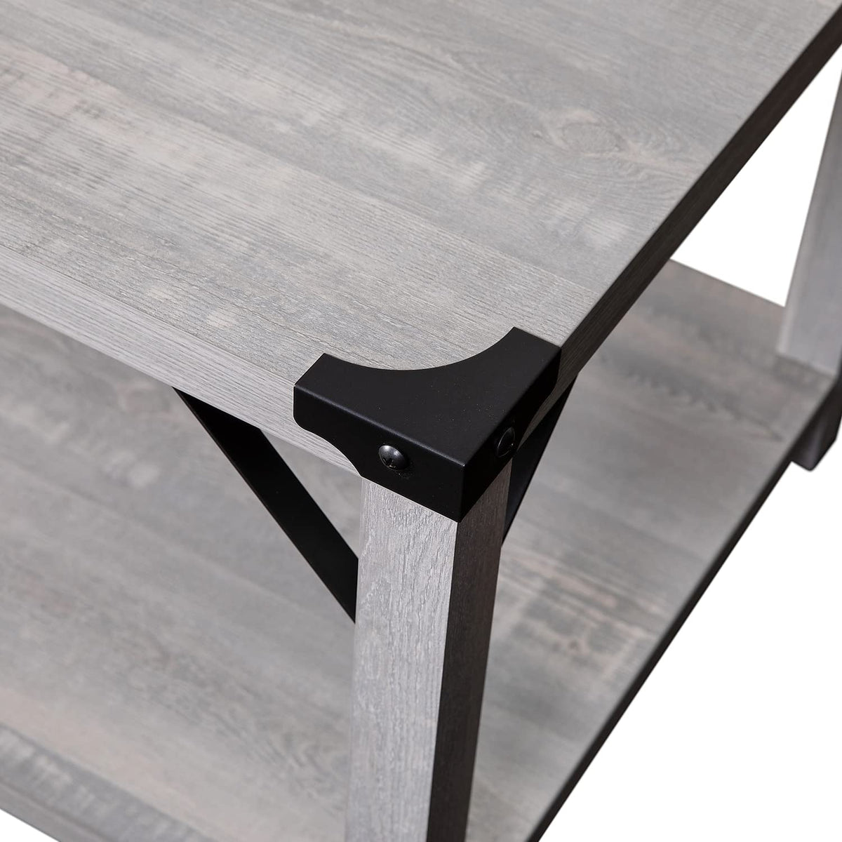 Flash Furniture Wyatt Modern Farmhouse 2 Tier Coffee Table - Aspen Gray Engineered Wood Frame - Black Metal Crisscross Side Braces and Corner Accents