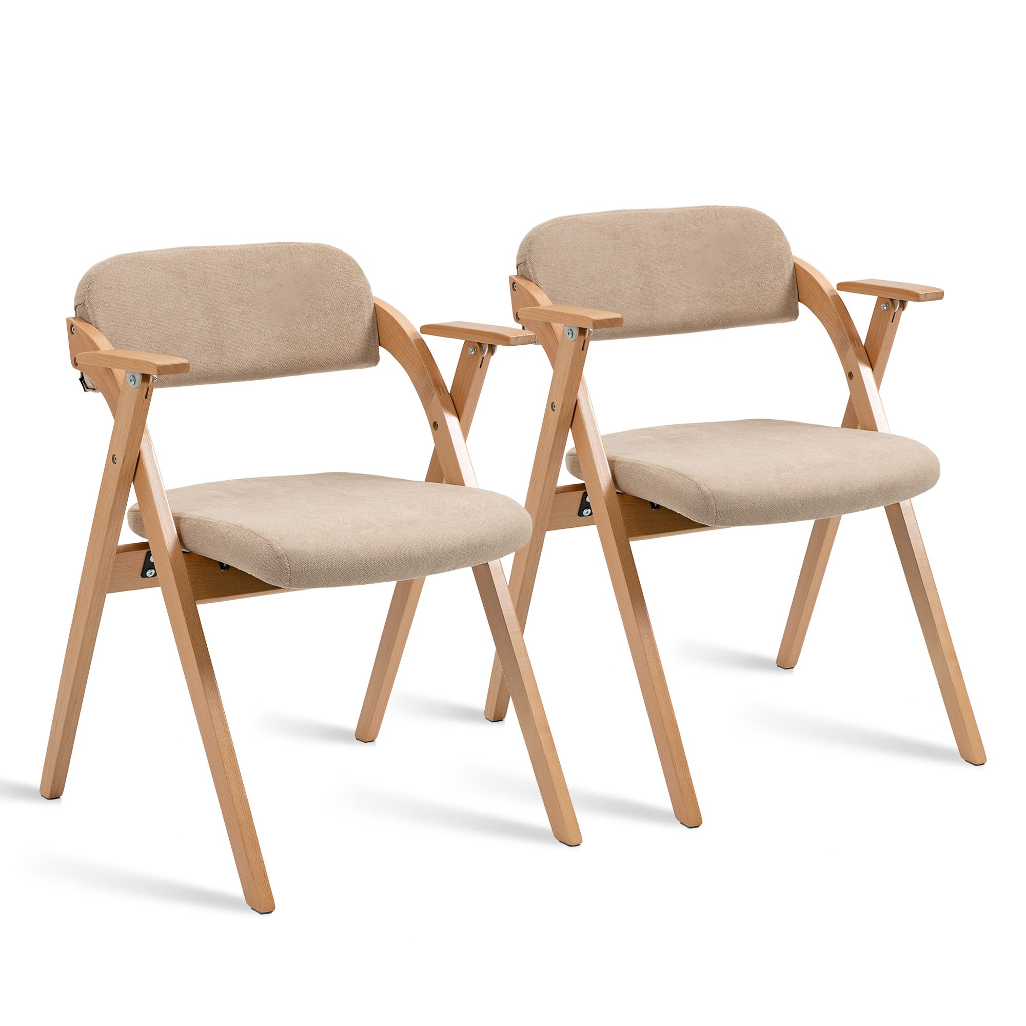HOMEFUN Folding Chairs with Armrest, Wooden Stackable Foldable Dining Chair with Padded Seats Set of 2 Extra for Guests Kitchen 