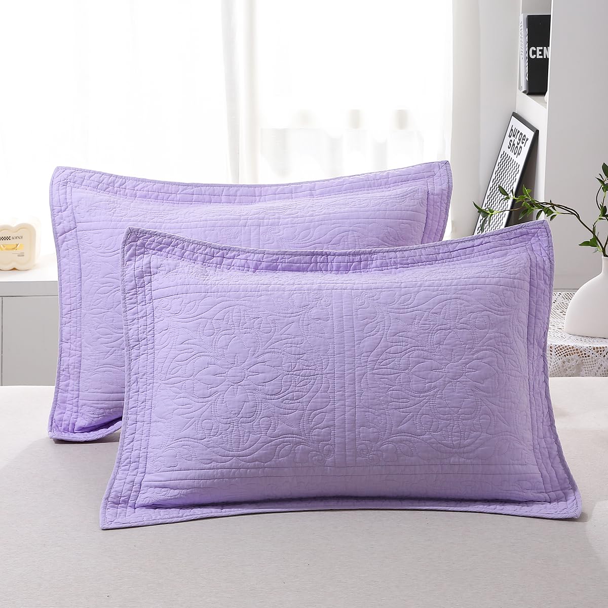 Winlife 100% Cotton Quilted Pillow Sham Floral Printed Pillow Cover (King, Lavender)