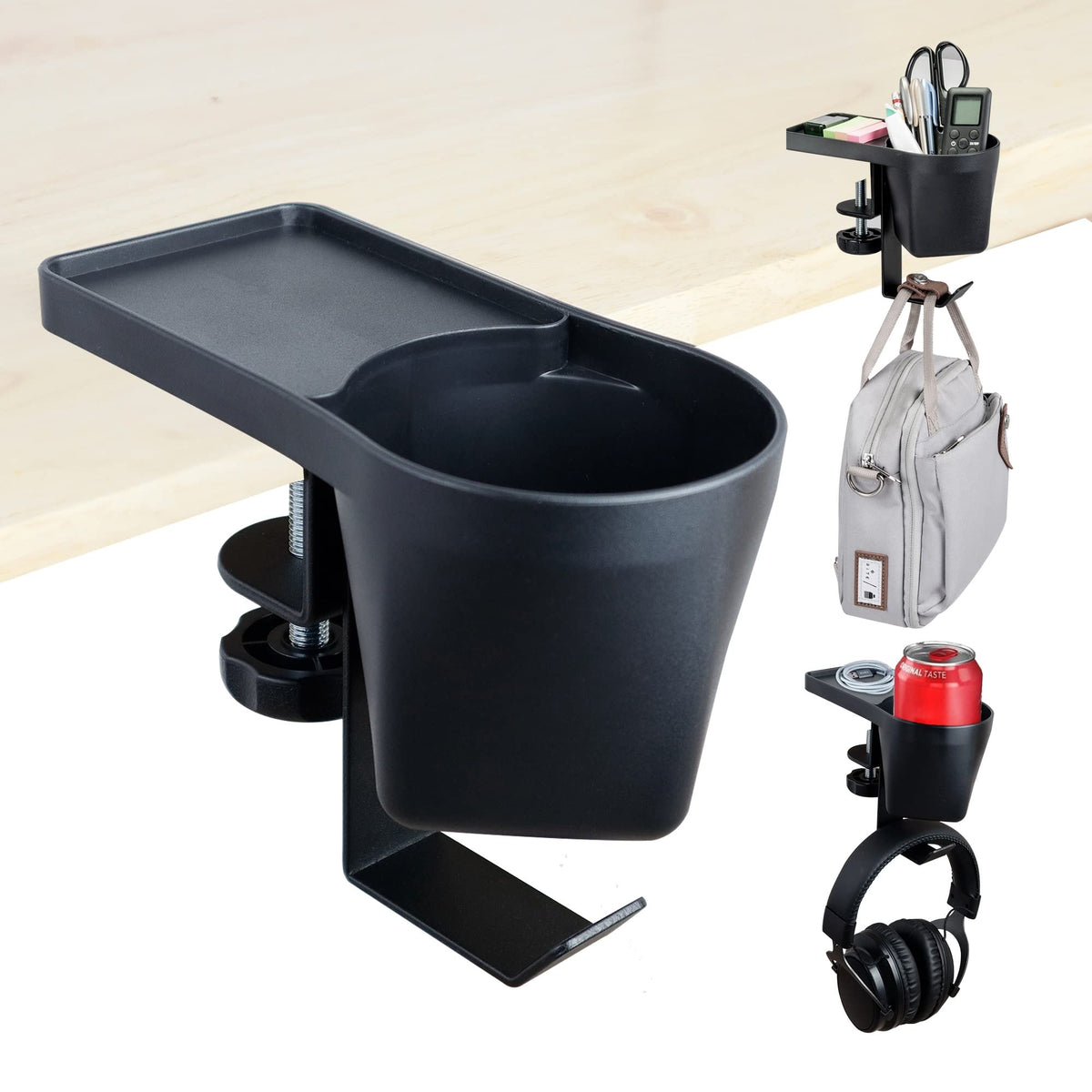 Max Smart Clamp On Pen Cup Holder For Desk W Metal Hook, Side Desk Organizer, Desk Side Storage For Office, Gaming, Drafting And